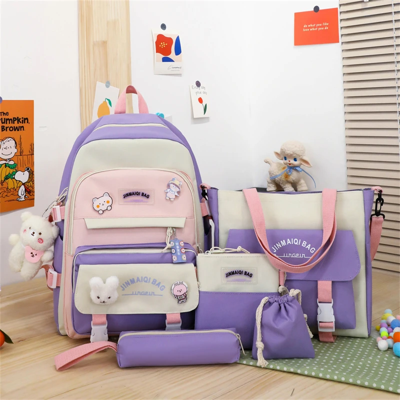 5 Pcs Sets Children's School Backpack Kawaii Women's Backpack Bookbag School Bags For teens Girls mochilas College Student Bag56