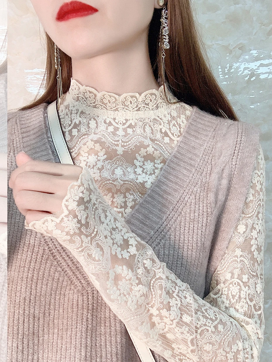 

Elegant Lace Base Shirt Women's Autumn Winter Half High Collar Mesh Top White Sweater Inner Wear Fashionable Small Shirt