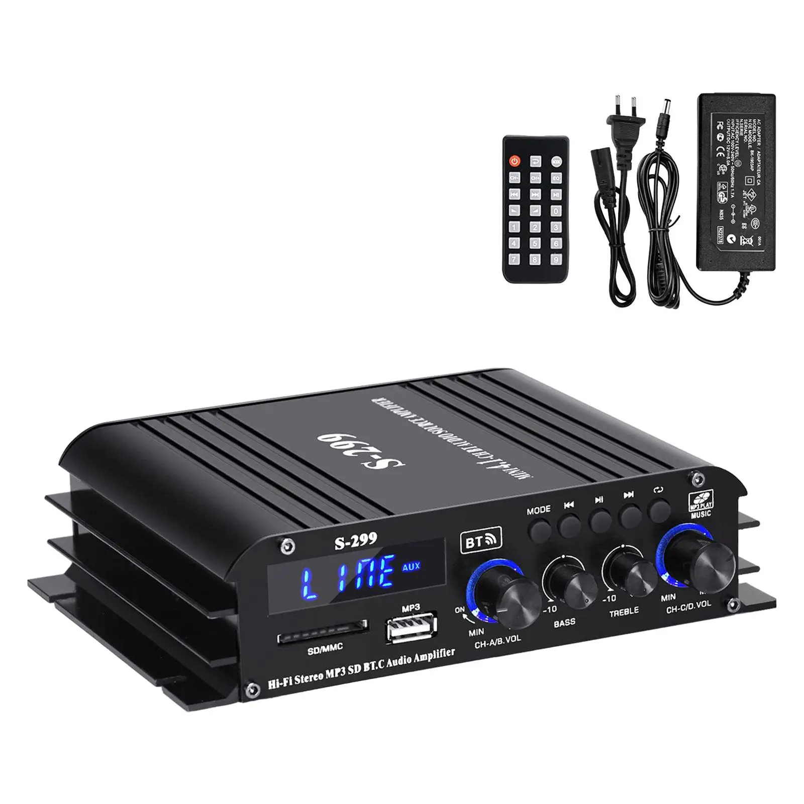 Digital Power Amplifier Mini HiFi Stereo Amp Portable 4.1 CH Subwoofer Volume Adjustment USB AUX BT SD 40wx4 with Power Adapter