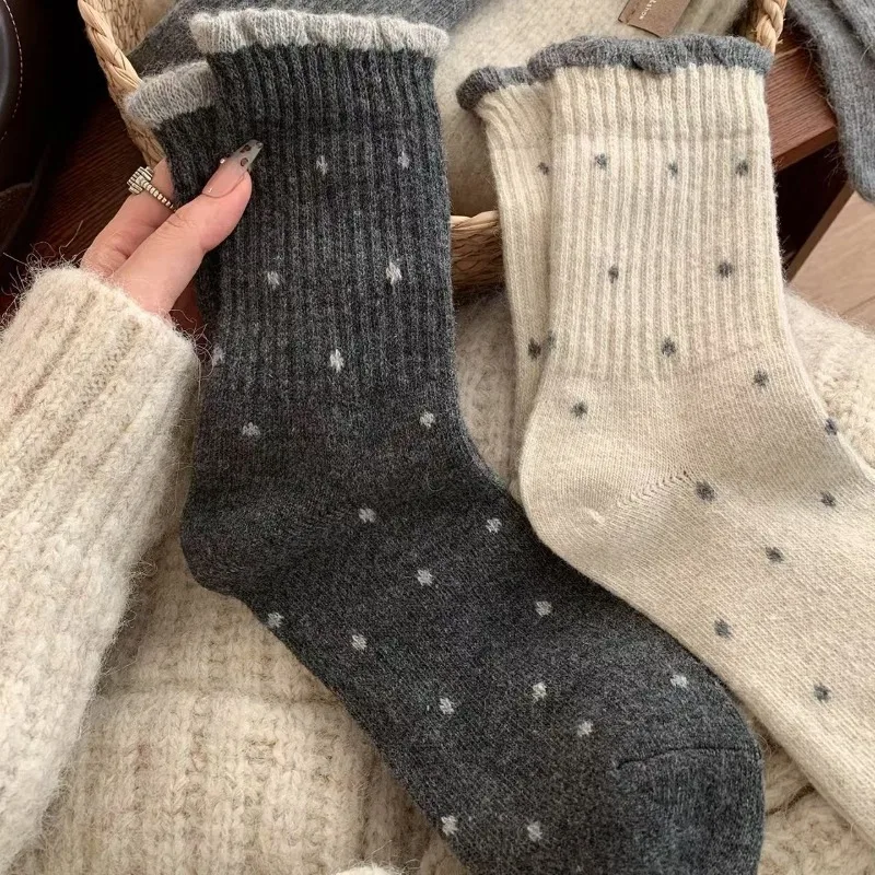 5 paires automne hiver Dot femmes mi-mollet chaussettes Style coréen chaud dames Coquette cheville chaussettes fille école froufrous chaussettes en gros