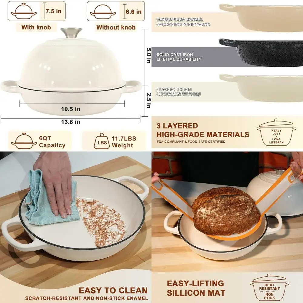 

Enameled Cast Iron Dutch Oven Pot with Lid, Multipurpose Bread Pan, Sourdough Starter Kit, Proving Basket, Cast Iron Bread Oven,