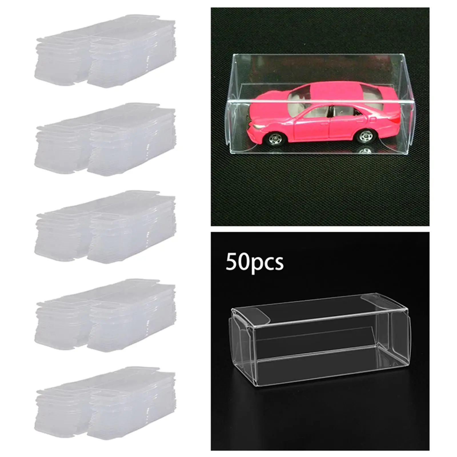 50x modelauto vitrines, doorzichtige PVC dozen, transparante speelgoedauto vitrines voor thuismodellen beeldjes verzamelobjecten