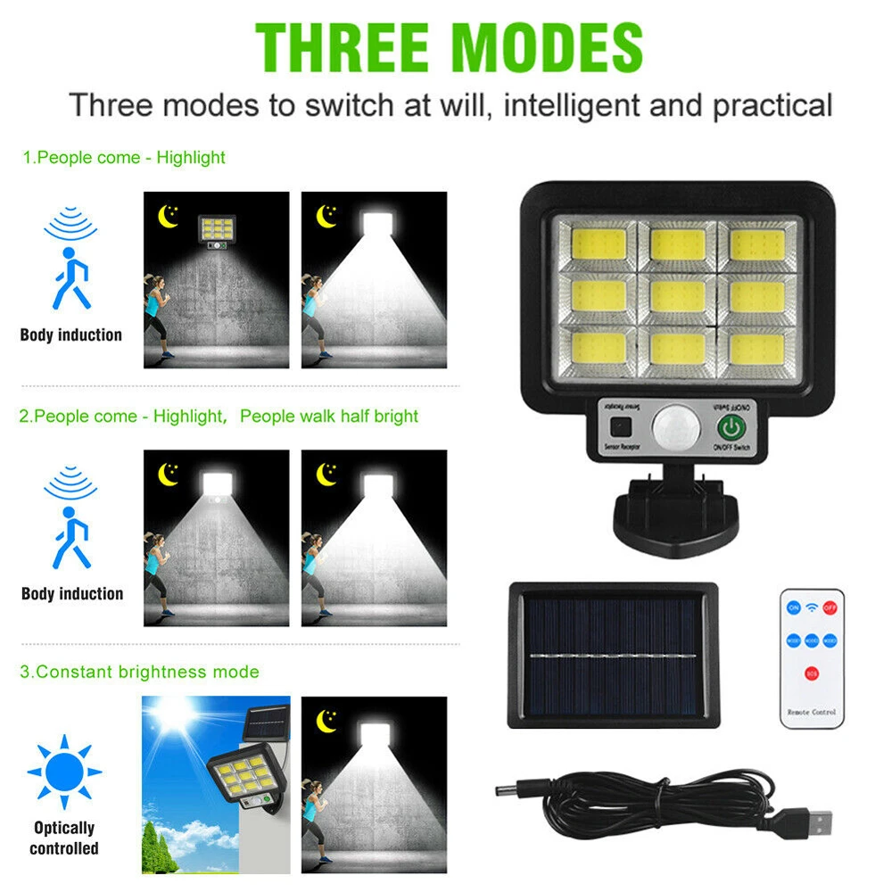Solarne światła LED Zewnętrzny wodoodporny czujnik ruchu 3 tryby 108/117COB Solarna lampa ścienna z powodzią Uliczny ogród Ganek Światło garażowe