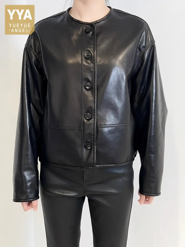 خريف جديد إمرأة س الرقبة جلد طبيعي مزدوج الوجهين يمكن ارتداؤها موضة جلد الغنم الحقيقي سترات قصيرة فضفاضة تناسب القمم ملابس خارجية