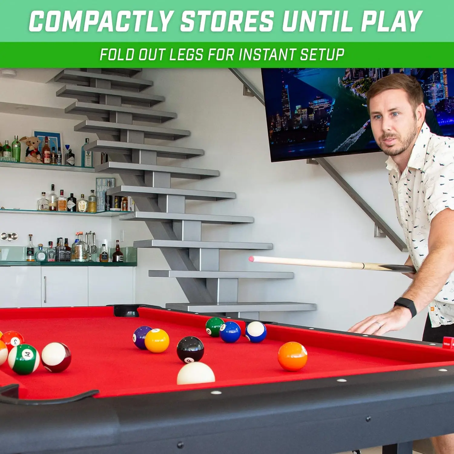 or 8 ft Billiards Table - Portable Pool Table - Includes Full Set of Balls, 2 Cue Sticks, Chalk and Felt Brush; C