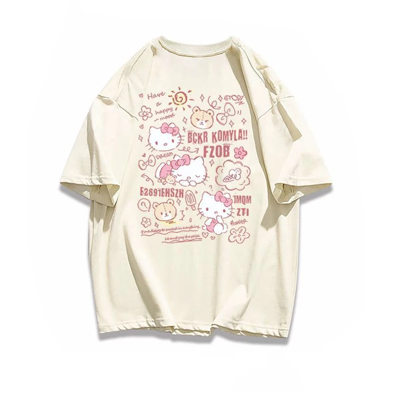 

Sanrio Hello Kitty Summer Oversized Printed Short-Sleeved T-shirt Female Head Round Neck Casual Versatile Homewear Suit 2025 New
