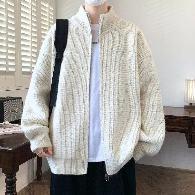 

Solid Color Sweater Jacket Loose Cardigan Sweater Korean Style Stand Collar Zipper Top