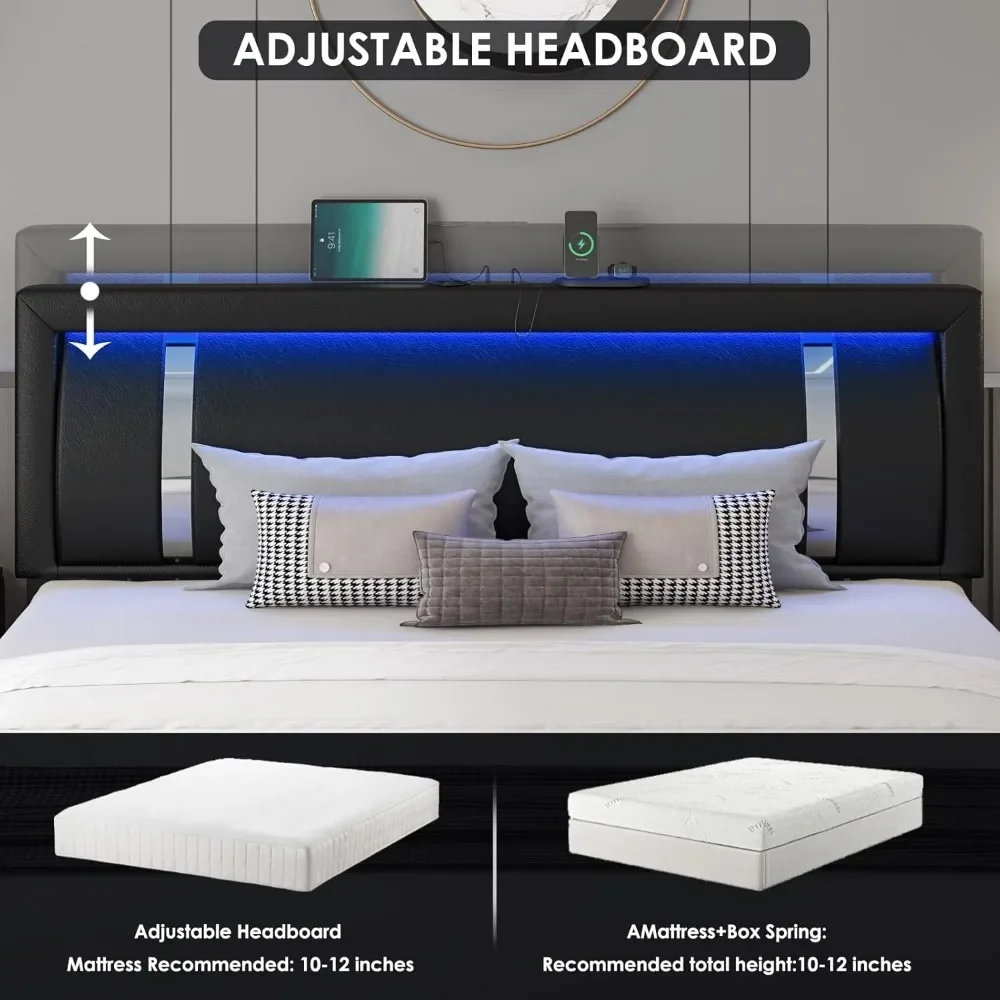 Queen Bed Frame with RGB LED Lights Headboard & 2 Storage Drawers|