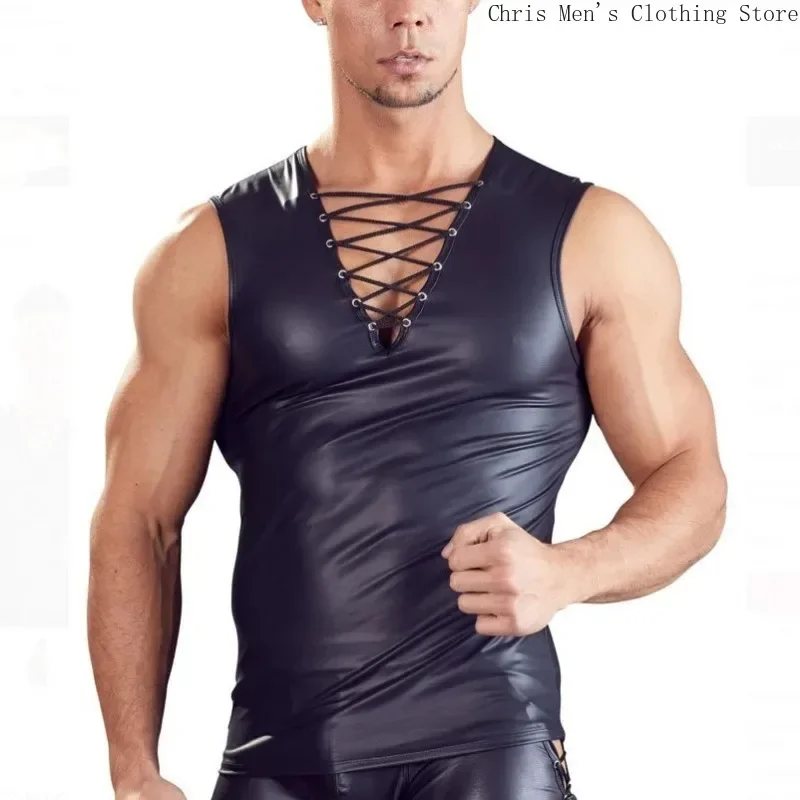 Motorcycle Cool Guy Leather Vest V-neck Lace-up Sexy Leather for Men Bar Club Party Clothes Rock Band Rave Show Clothes Tank Top