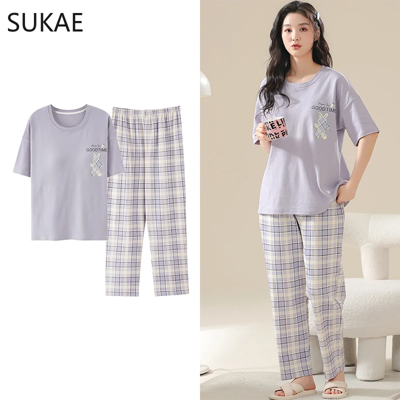 SUKAE M-5XL Summer Lady Loungewear Big Size Strip Pajamas for Women Minimalist Kawaii Pink Teens Cotton Two Piece Set Sleepwear