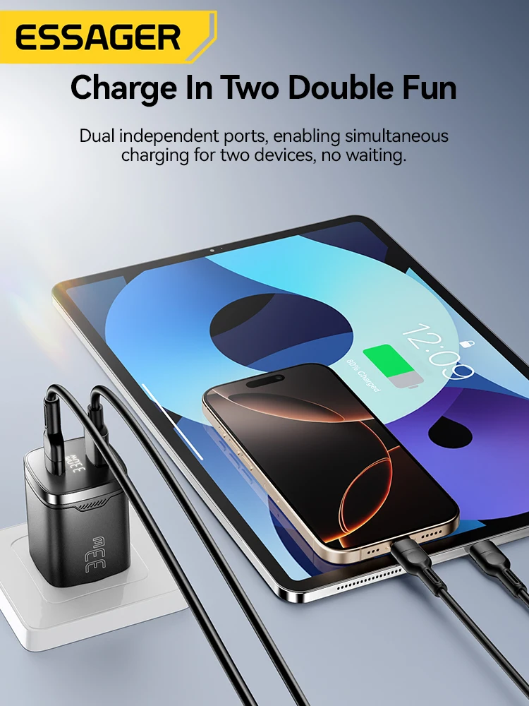Essager 33W GaN Digital Display PD Fast Charging USB C For iPhone 16 15 Max Pro iPad Xiaomi Poco Samsung Portable Travel Charger