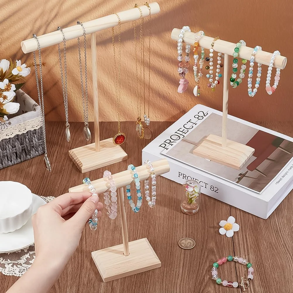 3 أحجام خشبية سوار عرض المدرجات T-bar حامل مجوهرات قلادة حامل حامل الإسورة تخزين الرف مجوهرات المنظم العرض #1