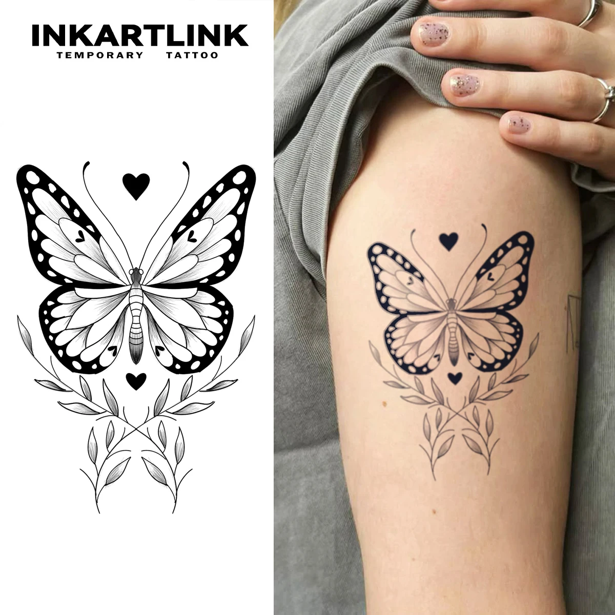 INKARTLINK Herbal Butterfly Heart Leaf Motif Temp Tattoo Sticker for Elegant Daily Wear, Cozy Mood & Casual Relaxing Days.