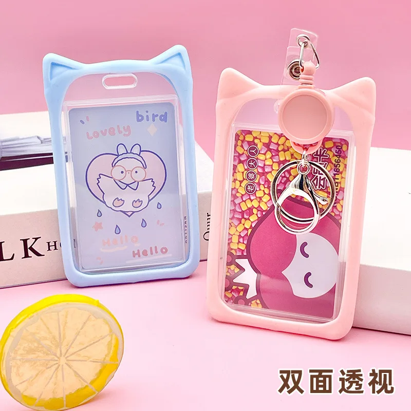 Cute Soft Silicone Cat Ear Card Holder, Student Campus Bus Subway Meal & Access Card Protective Cover with Lanyard