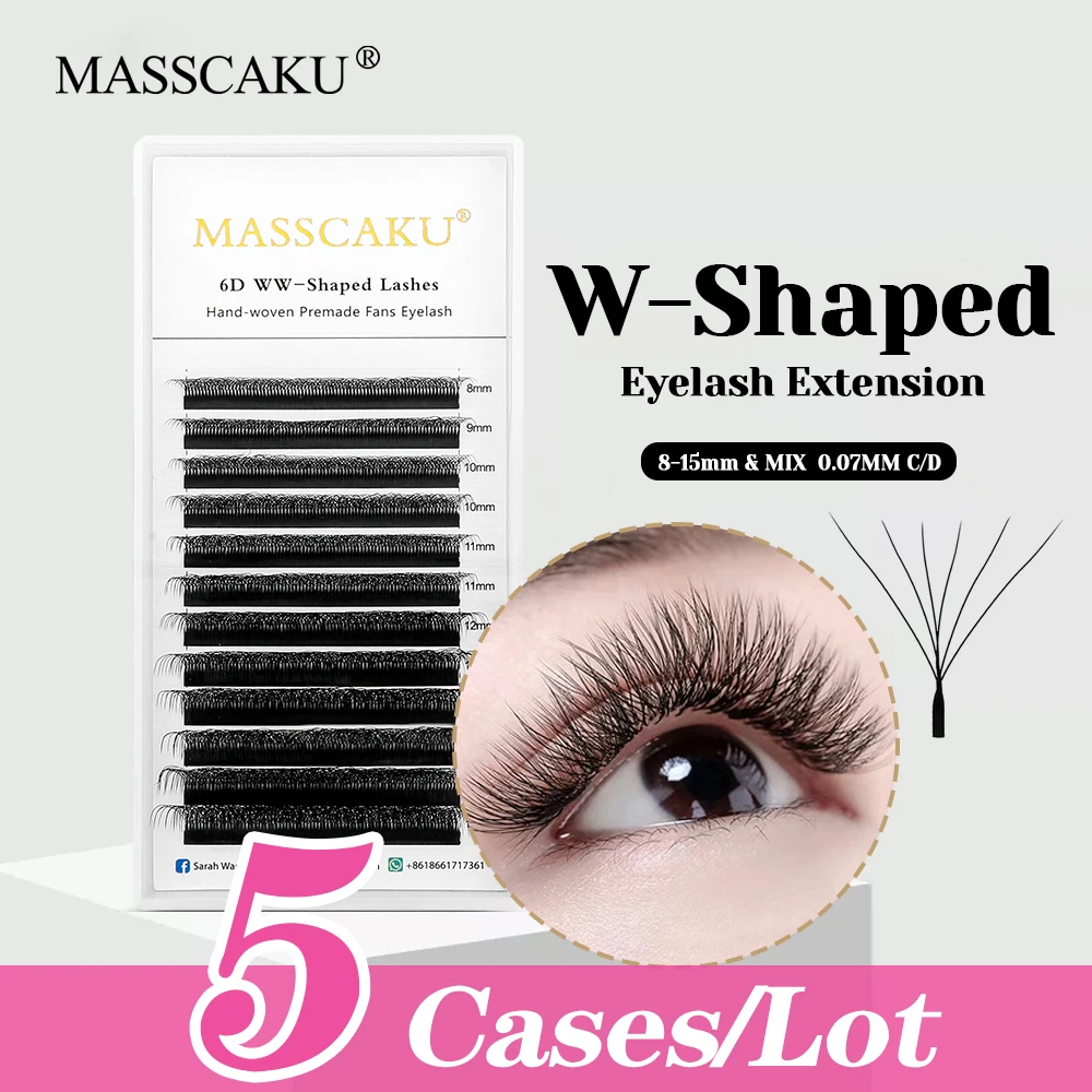 5cases/lot MASSCAKU 8-15mm Mix Size W Style Premade Volume Fans Lashes 3D Effect Long-lasting W Design Eyelash with Rich Styling