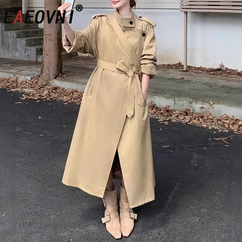 

EAEOVNI 2026 Temperament Long Trench Coat Women Khaki Lapel Collar Patchwork Belt Gathered Waist Windbreaker Fashion Clothing