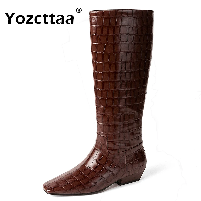 

Yozcttaa Size 34-40 Women Knee High Boots Stone Pattern Genuine Leather Wedges Heels Shoes Fall Winter Wide Calf Long Tall Boots