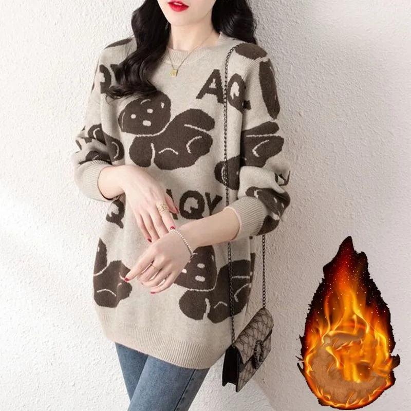 Women\'s Pullover Letter Animal Long Sleeve Sweater Autumn and Winter Korean Office Lady Round Neck Thickened Loose Large Knitted