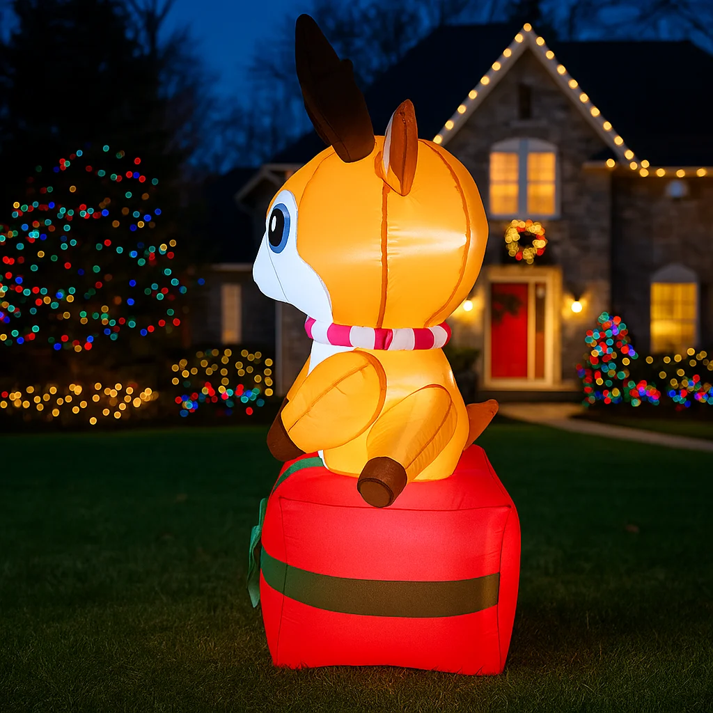 6フィートのクリスマスデコレーション、プレゼントボックスに立つ膨らませるおもちゃのトナカイ、キュートな動物の家の庭のクリスマスLEDライトデコレーション、クリスマスおもちゃ