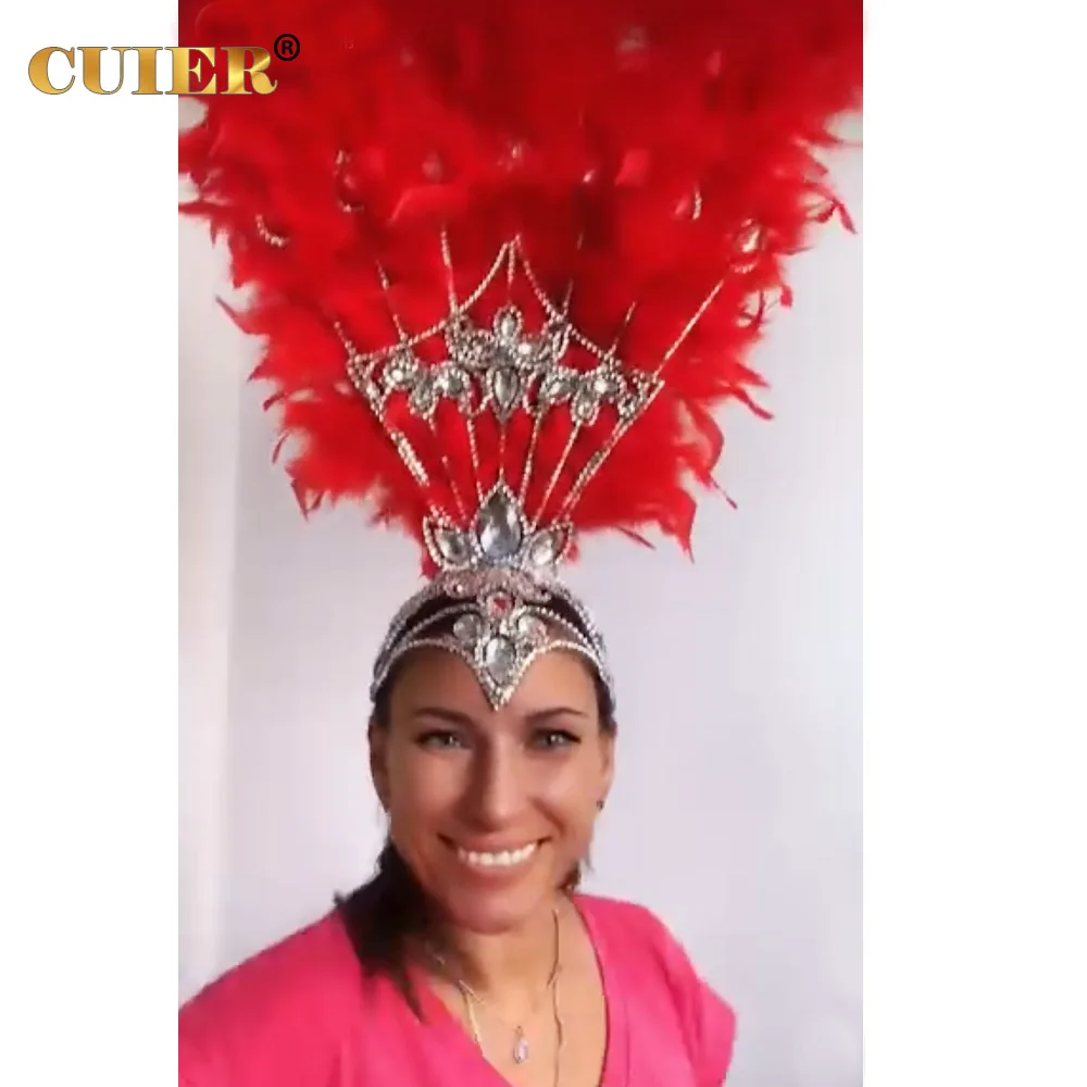 

CUIER Passionate red feather headpiece for women Festival hair Accessories huge size rhinestone Headwear Exaggerated