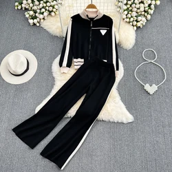 Sports Set 2023 Autumn Women's Stand Neck Contrast Zipper Cardigan Coat High Waist Wide Leg Pants Fashion Casual Two Piece Set