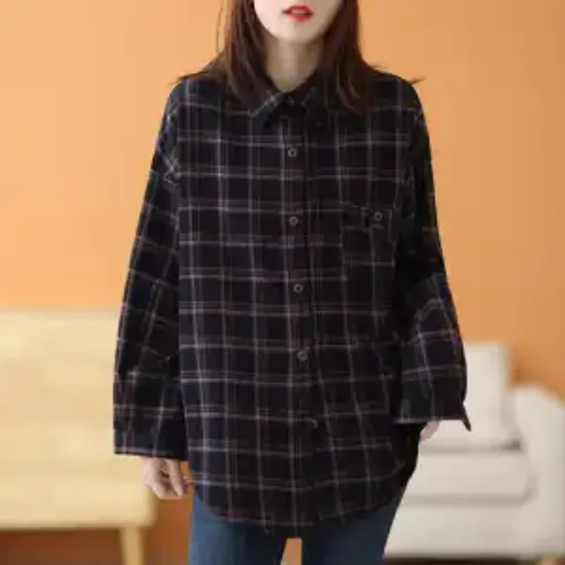 Women's New Spliced POLO Collar Button Plaid Fashion Loose and Versatile Casual Long-sleeved Shirt