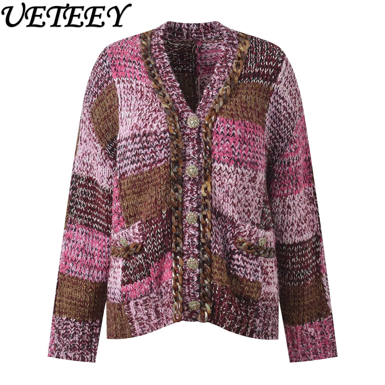 2025 Herfst Winter Nieuwe Kleurblok Losse V-hals Gebreid Vest Niche Mode Veelzijdige Single-Breasted Trui Jas