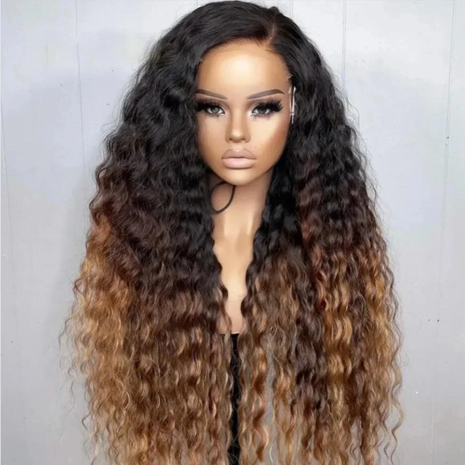 Heat Resistant Soft 180Density 26“ Ombre Brown Long Kinky Curly Lace Front Wig For Women Babyhair Preplucked Glueless Daily Wig