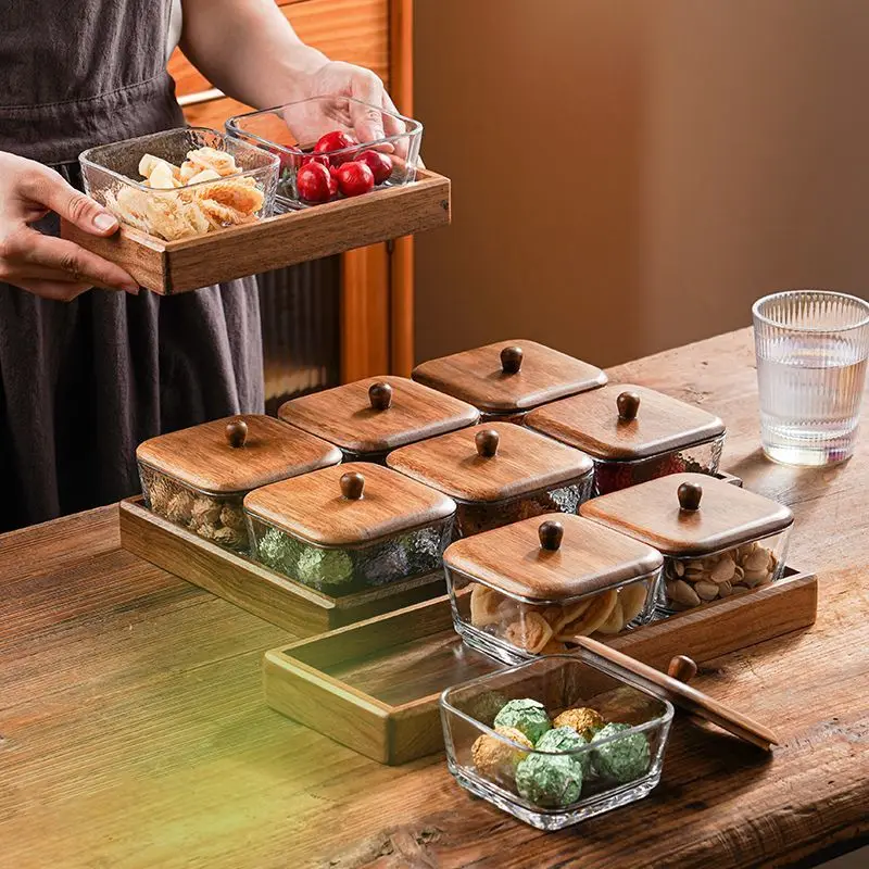

Поднос для фруктов из массива черного ореха, для дома, гостиной, кофейного столика, с отделениями, коробка для закусок и конфет, прозрачный стеклянный поднос для закусок