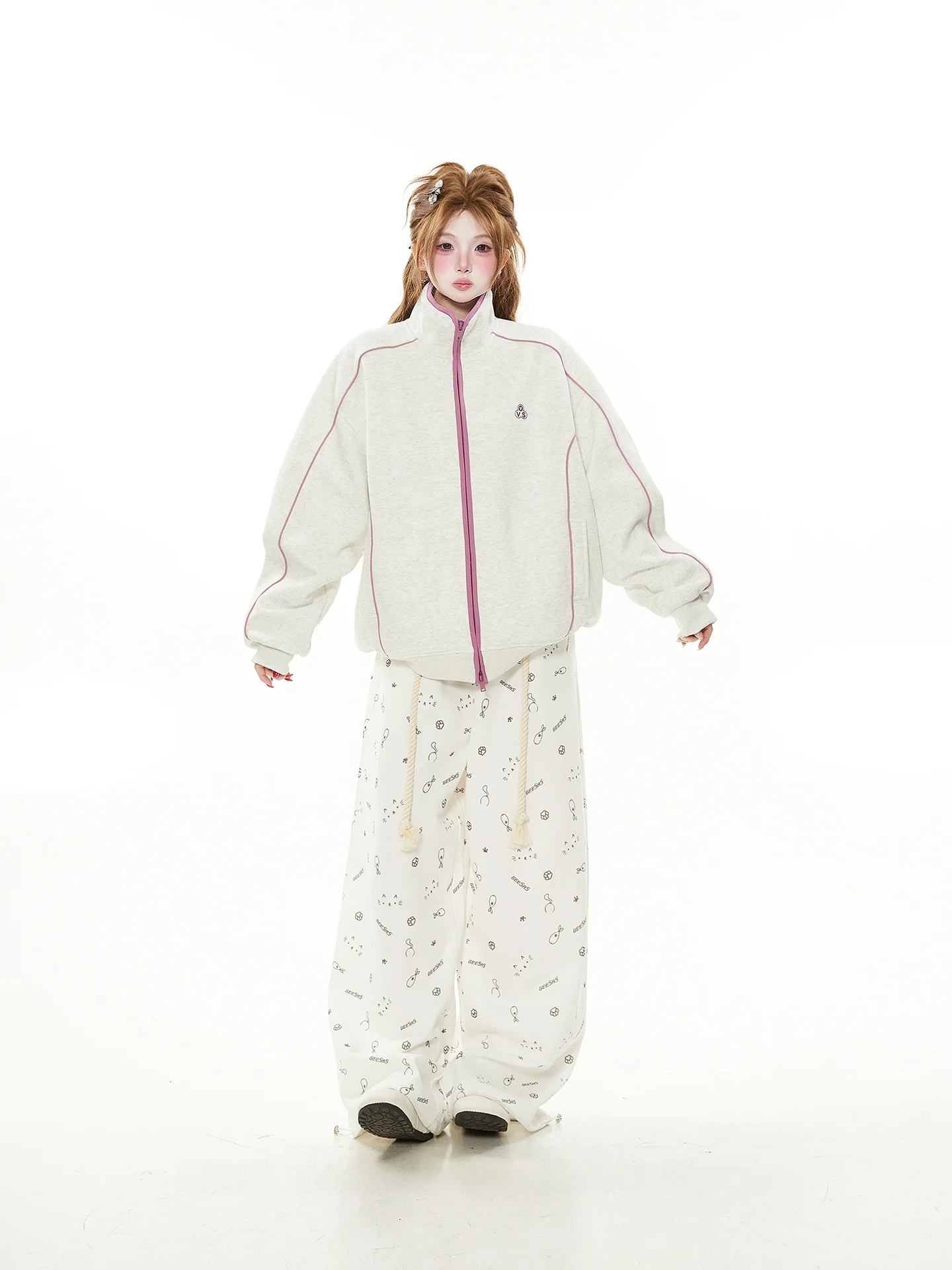 

Casual Loose Sweatirt Cardigan Women's Spring Autumn Color Blo Deconstructed Stand Collar Long Sve Printed Outerwear