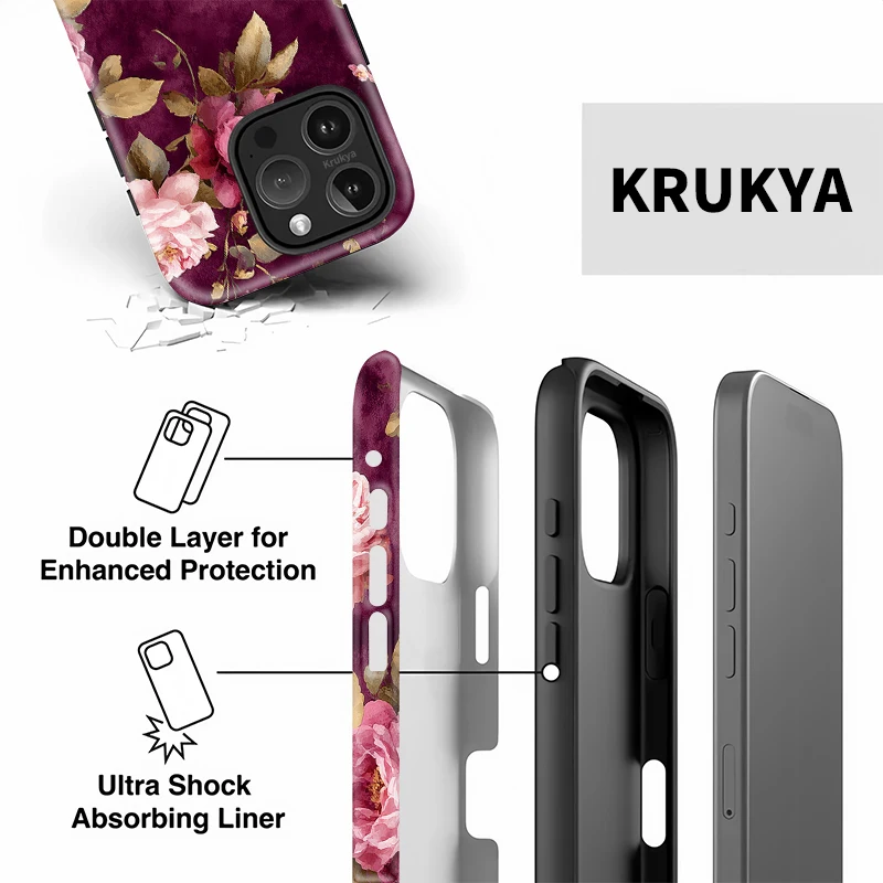 Krukya جراب هاتف آيفون 17 الهواء 16 زائد 15 برو ماكس 12 13 14 SE X XR XS ريترو زهرة نمط الاكريليك طبقة مزدوجة ماتي غطاء