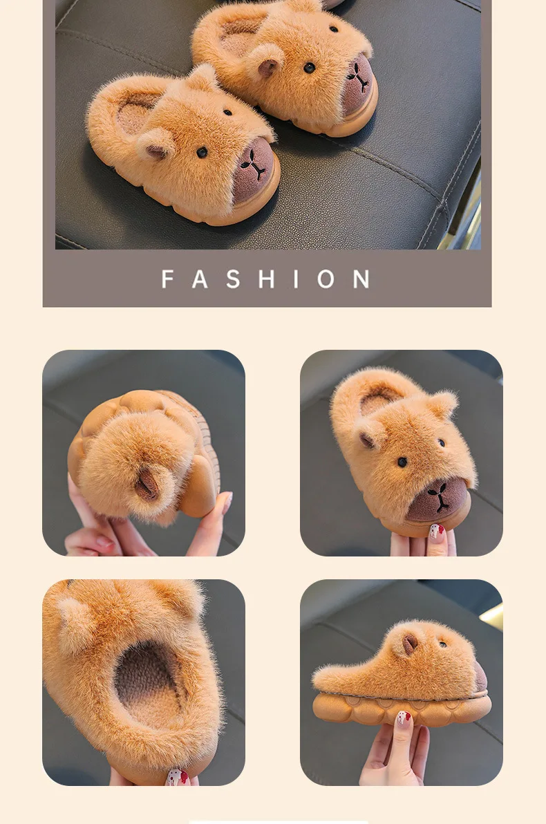 Capybara Kinder Hausschuhe Niedliche Flauschige Winter 2025, Indoor Hause Baumwolle Schuhe Frau Warme Bequeme Cartoon Plüsch Boden Schuhe – Detail 6