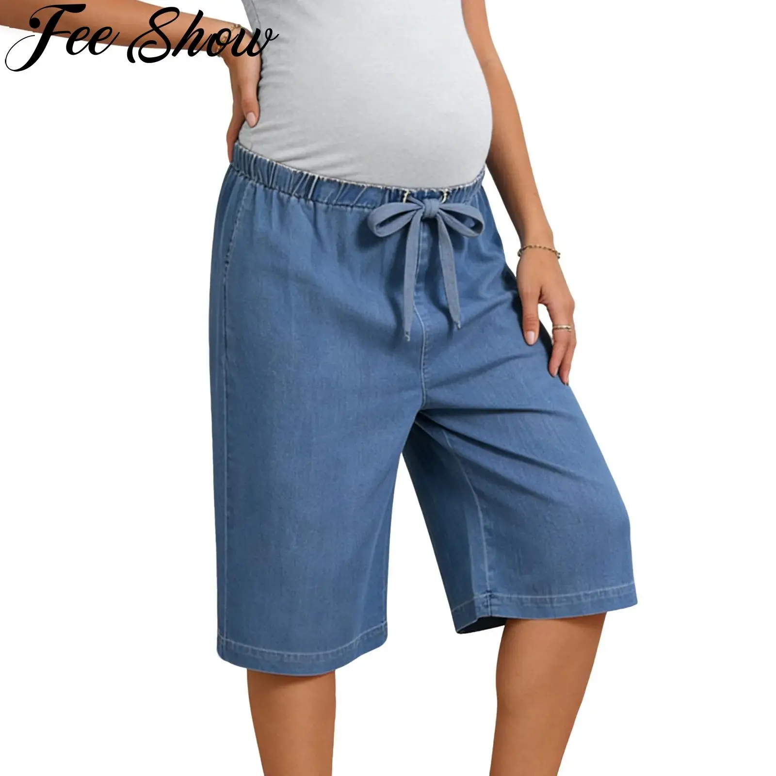 

Женские джинсовые шорты для беременных с широкими штанинами, на резинке и со шнурком, свободные, до колена, летняя одежда для беременных