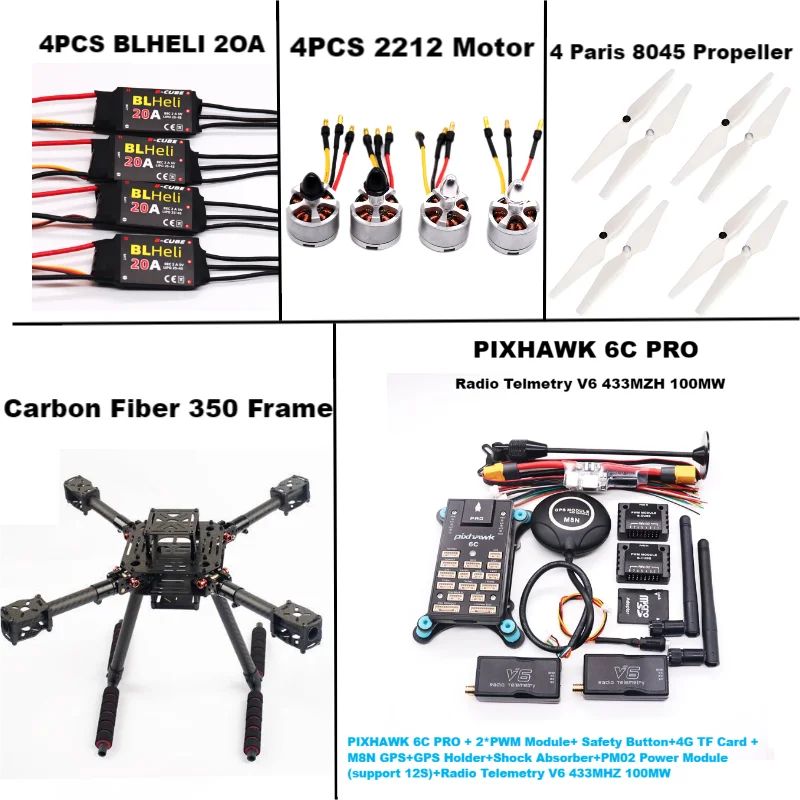 

RctoSky Carbon Fiber 350 PIXHAWK 6C PRO M8N KitFlight Control Ardupilot Radio Telemetry Quadcopter BLHELI 20A 2212 Motor ESC