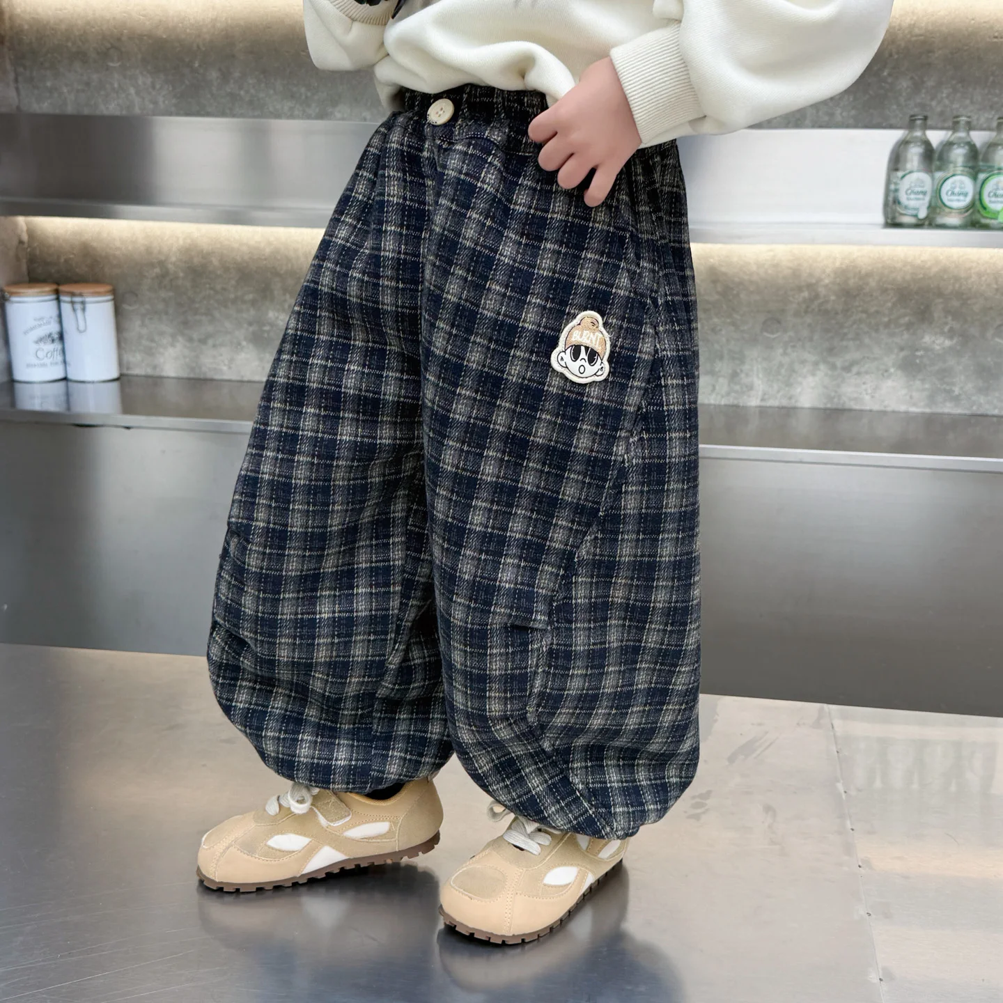 

Boys Fce Lined Harlan Pants Corduroy Lantern Trousers Plaid Autumn Winter Clothes Inteated Velvet Boys Casual Pants