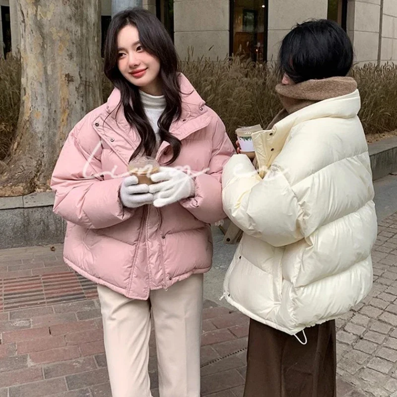 

Женский розовый пуховик, пальто, однотонная модная уличная одежда, ветрозащитный утепленный утиный пух, женская зимняя белая верхняя одежда 2025 г.