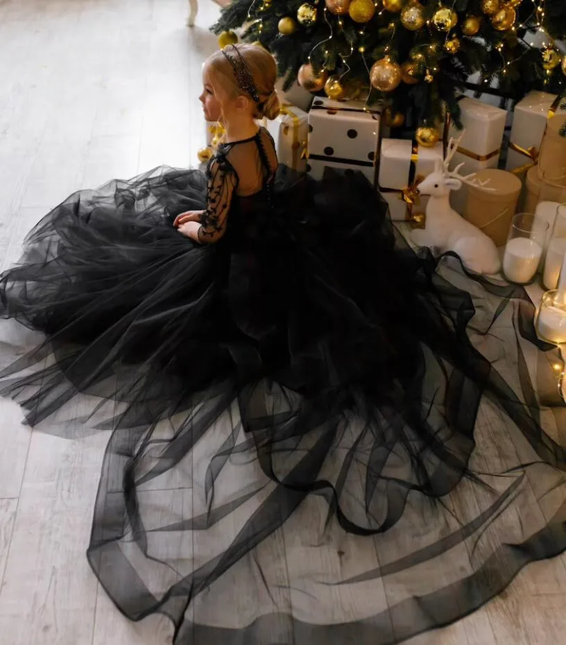 Black Lace Organza Flower Girl Dress for Wedding Long Sleeves Sheer Back Baby Girl Birthday Party Gown Christmas Dress