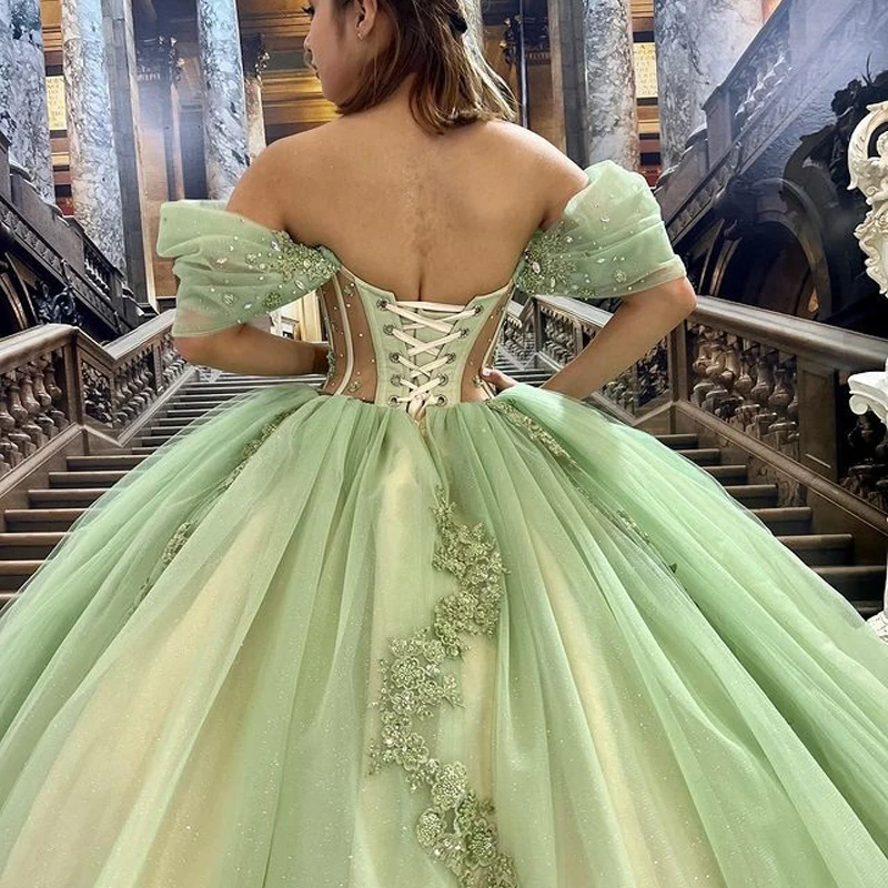 ANGELSBRIDEP สีเขียว Quinceanera ปิดไหล่ Handmade ประดับด้วยลูกปัดดอกไม้ Appliqué Vestidos De 15 Anos 15 ปีที่กําหนดเอง