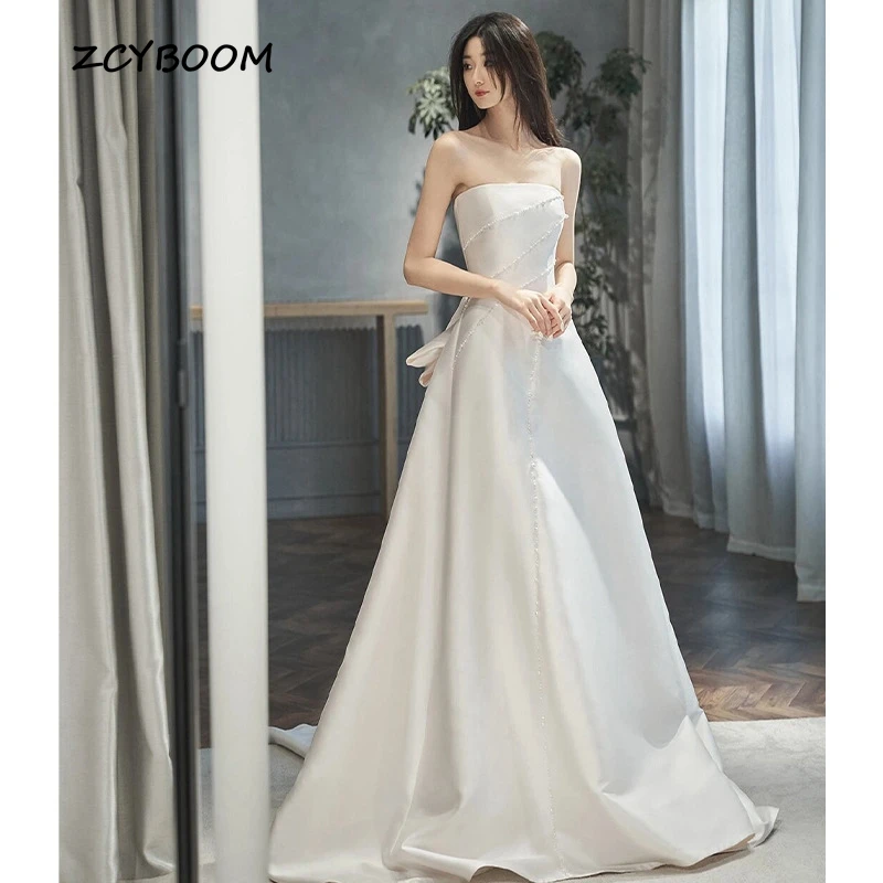 

Elegant Backless Satin Strapless Sleeveless A-Line Wedding Dresses With Big Bow for Women 2024 Bridal Gowns Vestido De Noiva