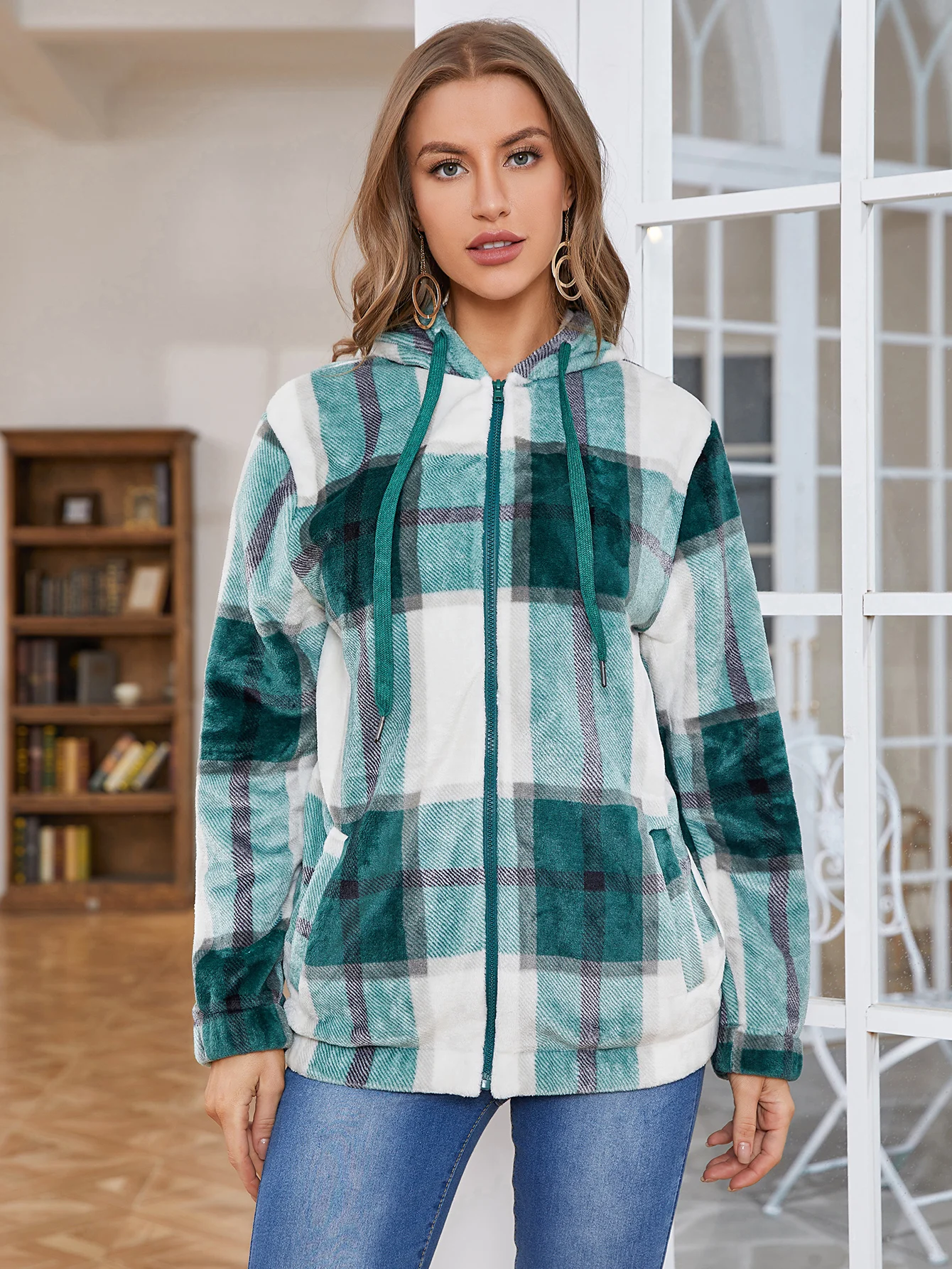 FTLZZ Autumn Winter Women Casual Flannel Plaid Zip Up Jacket Hoodies Long Sleeve Shirt Jacket Coats with Pockets