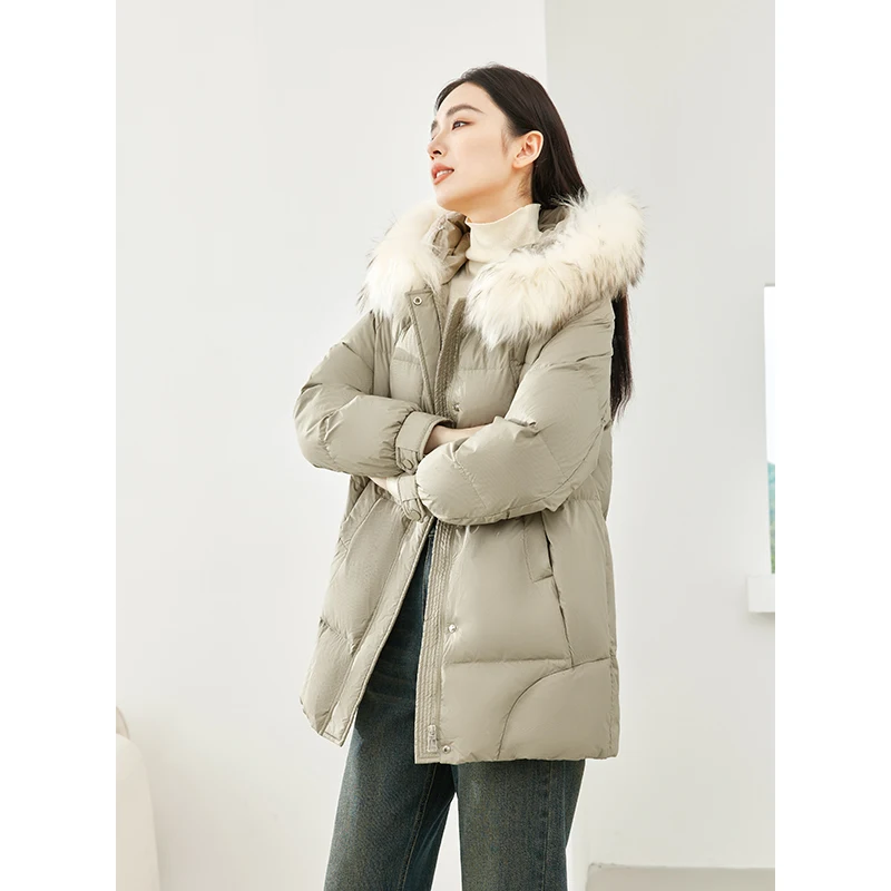 Vimly Winter Fur Collar Hooded Puffer Down Jacket for Women Warmth Zip-up White Duck Down Long Coats Female Outerwear 50336