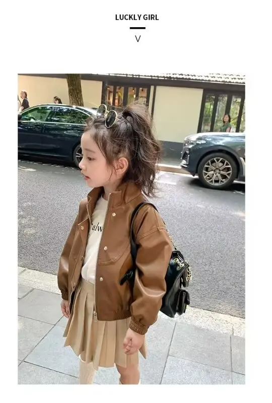 

Spring Autumn Pu JacketGirls Leather Jacket Kid Outwear Solid Color Zipper Faux Leather