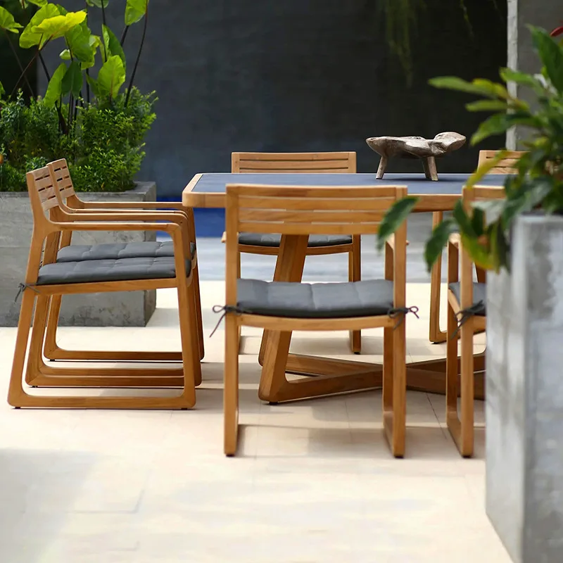 طاولات وكراسي خارجية من الخشب الصلب في الفناء والحديقة والفيلا وطاولة طعام من بلاطة الصخور في الهواء الطلق مقاومة للماء في الهواء الطلق #3