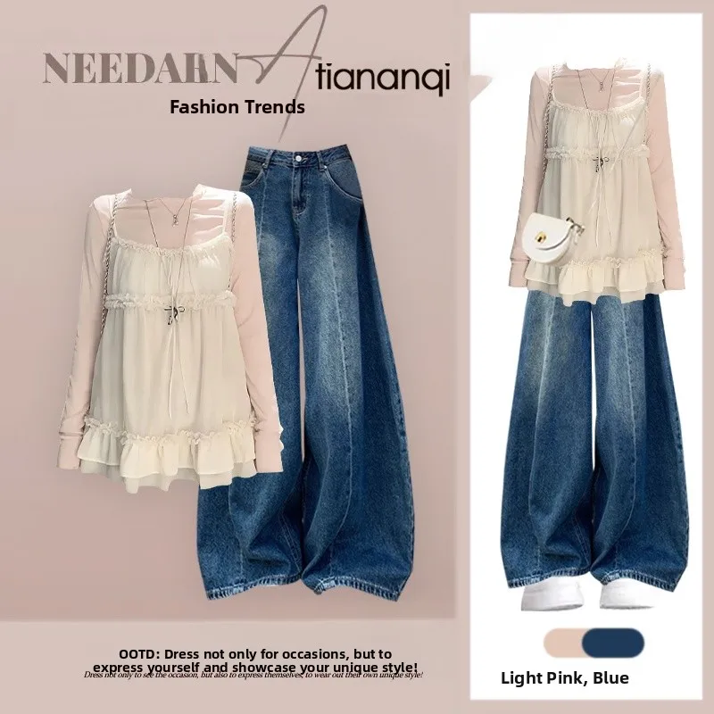 

Spring Sweet Lace Knot Tie Knitted Top with Straight Leg Jeans Two Piece Set Women's Faion High Waist Long Sve