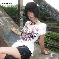 Karrram Japanese Y2k Tattoo Print T-shirt Vintage Harajuku V-neck Tops Trashy 2000s Style Short Sleeve Tee Shirt Grunge American