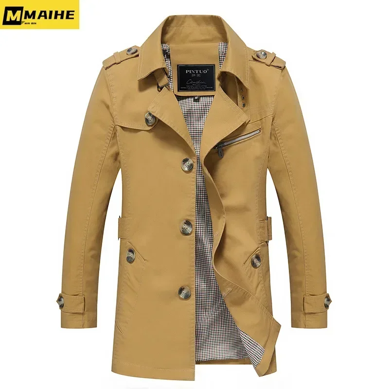 

High-end Clothing 2023 Autumn Cotton Long Single-breasted Windproof Jacket Men's British-style Suit Collar Coat Gabardina Hombre