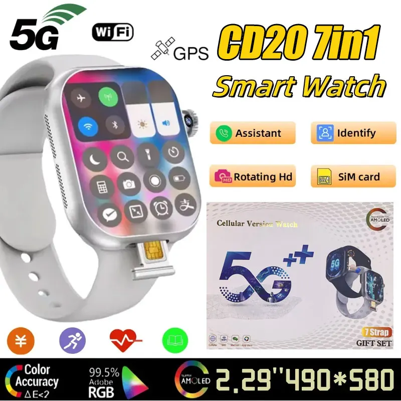 CD20 Smartwatch: 2.29" AMOLED Display, SIM & WiFi Calling, GPS, 180° Rotatable Camera ,  Health & Heart Rate Monitor.