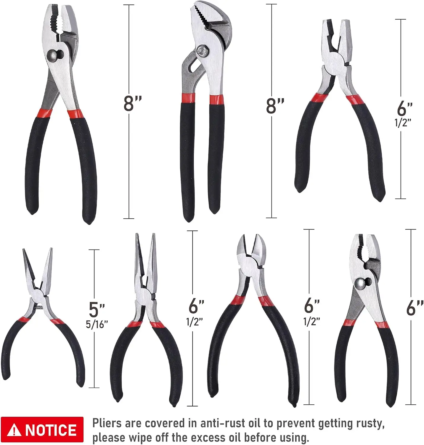 7-piece Utility Pliers Set, Includes Slip Joint, Long Nose, Diagonal, Groove Joint, Linesman, and Mini Long Nose Pliers, Dipped Handle