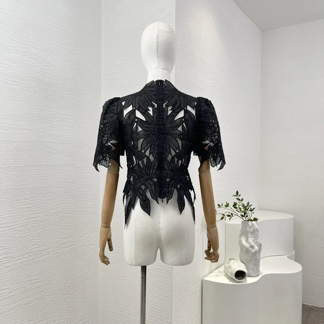 2024 New Summer Fashionable Black Embroidery Hollow Out Short Sleeve Women All-matching White Blouse Tops