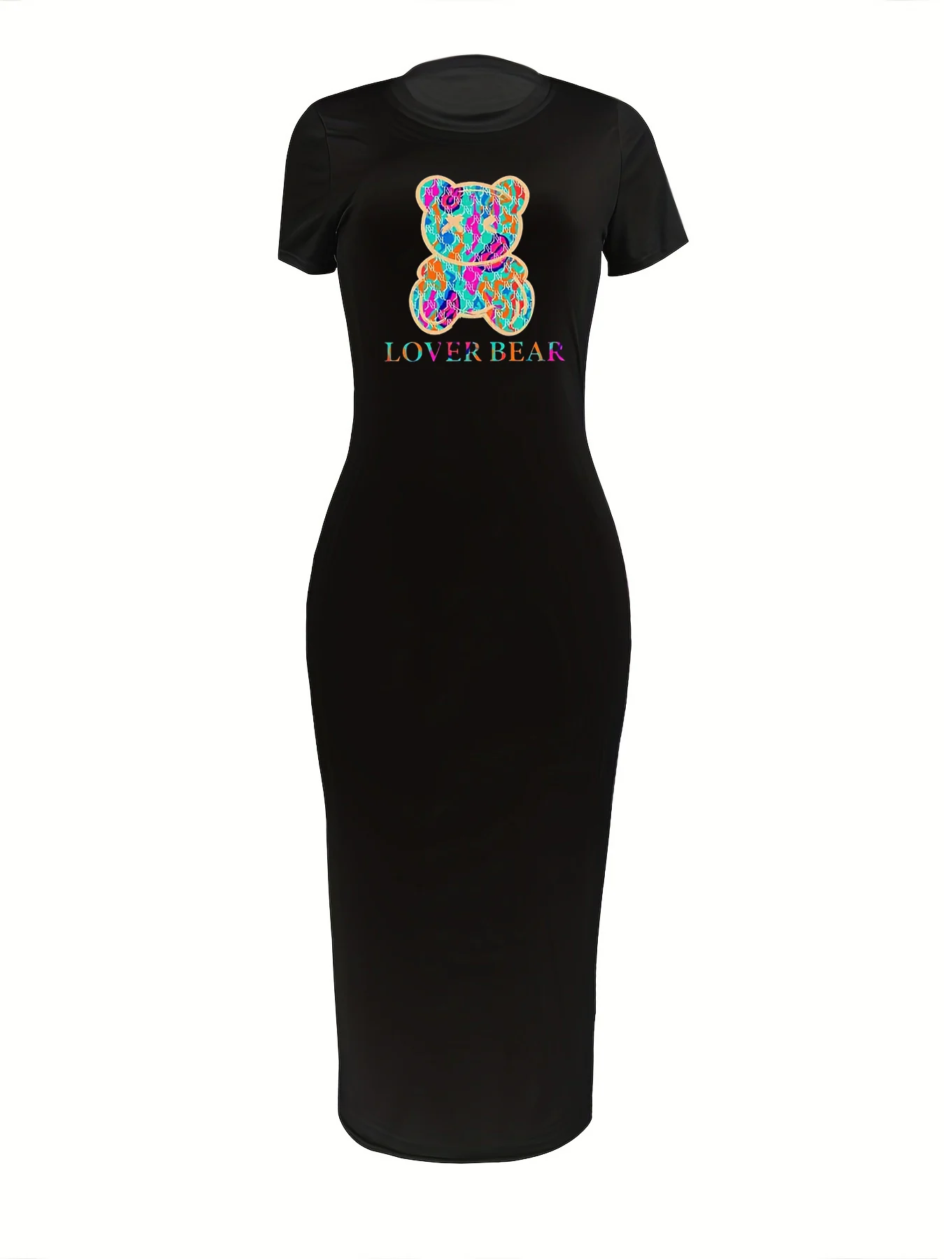 المرأة عاشق الدب الكرتون المطبوعة جولة الرقبة أكمام قصيرة تناسب ضئيلة فستان مثير ، تي شيرت الإناث ، ملابس السيدات عارضة ، الصيف